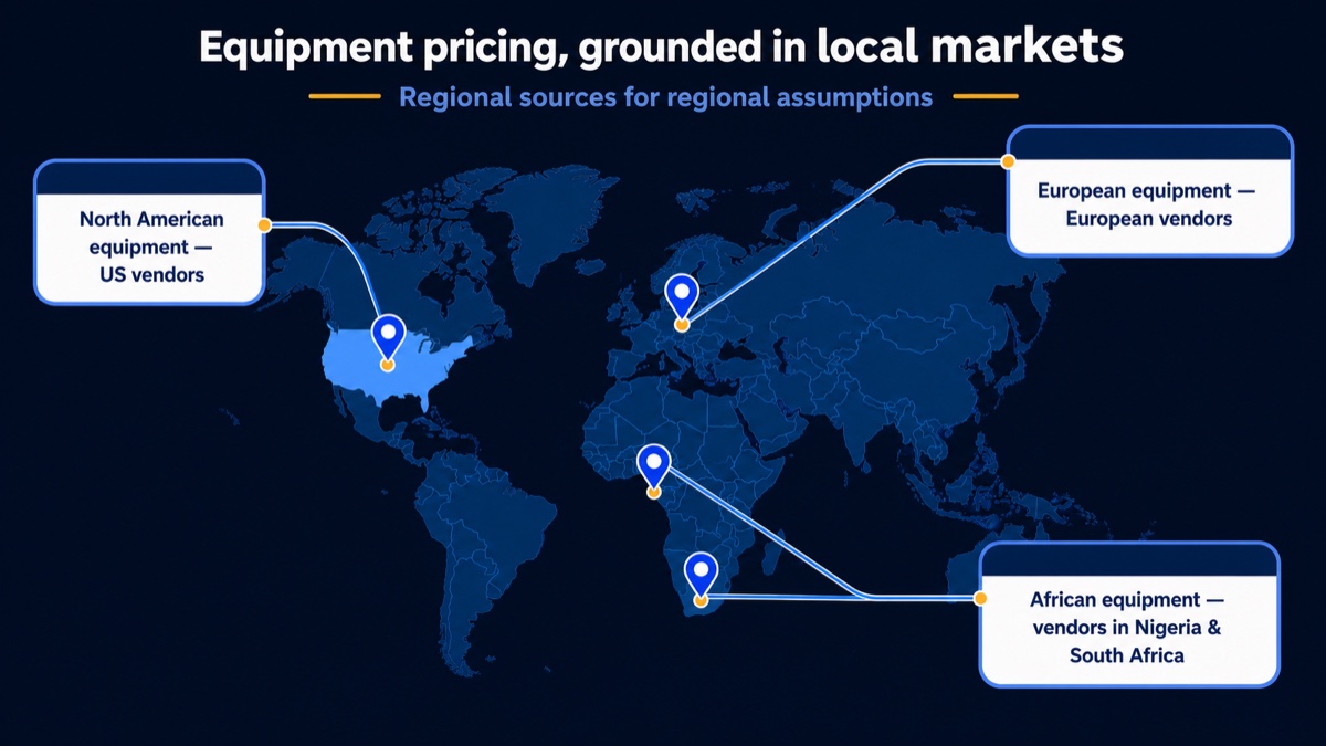 Regional equipment-pricing sources from European, US, Nigerian and South African vendors